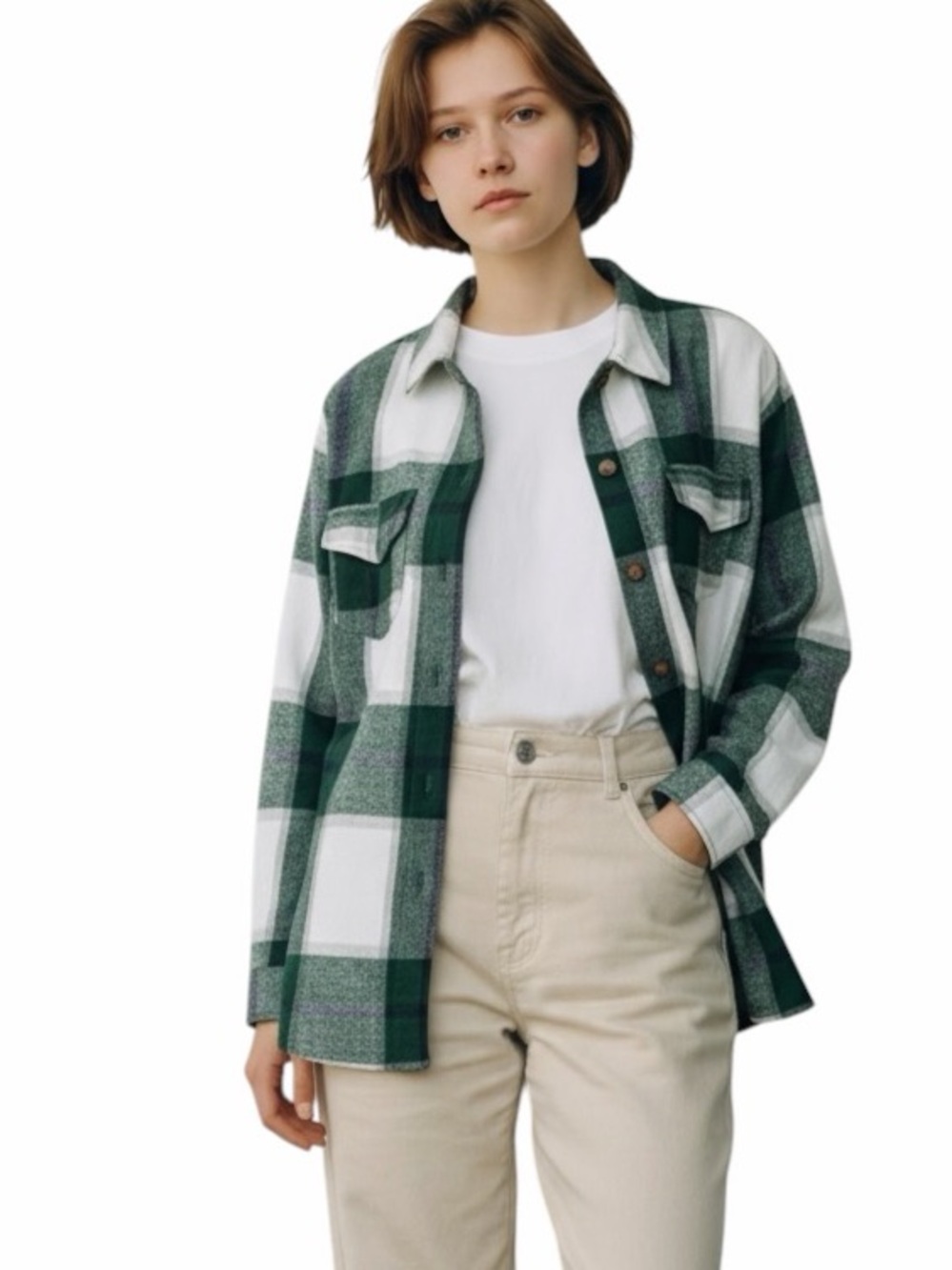 Women’s Green/White Plaid Flannel Shacket Jacket